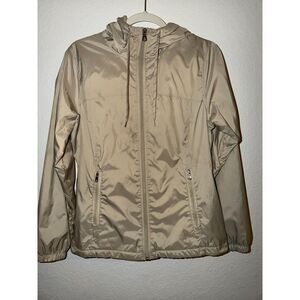 Calvin Klein Women’s Hooded Windbreaker Jacket XS Beige Tan Full Zip Fleece Lin